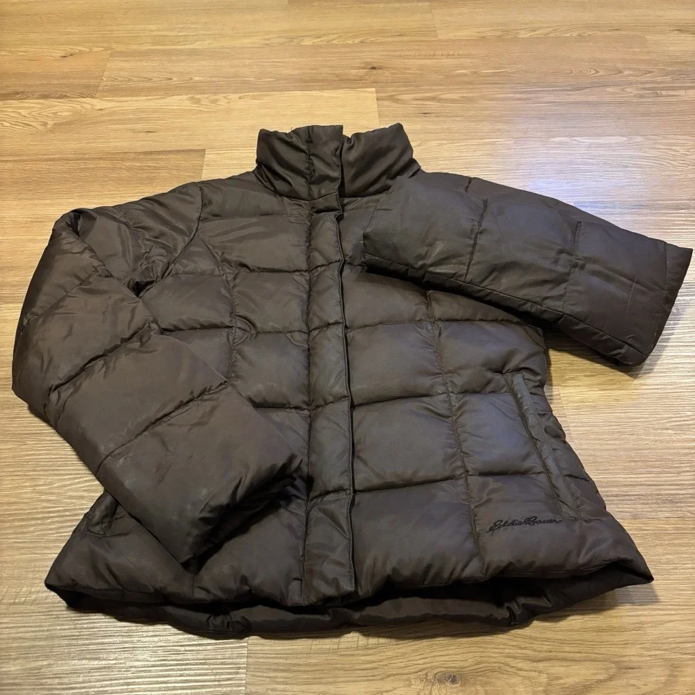 Vintage Eddie Bauer Premium Goose Down Puffer Jacket Womens XS Brown Quilted 90s